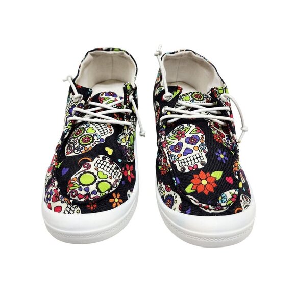 Girls Skull Pattern Shoes Size 4 Lace-Up Sneakers Sugar Skulls Day Of The Dead - Picture 2 of 11